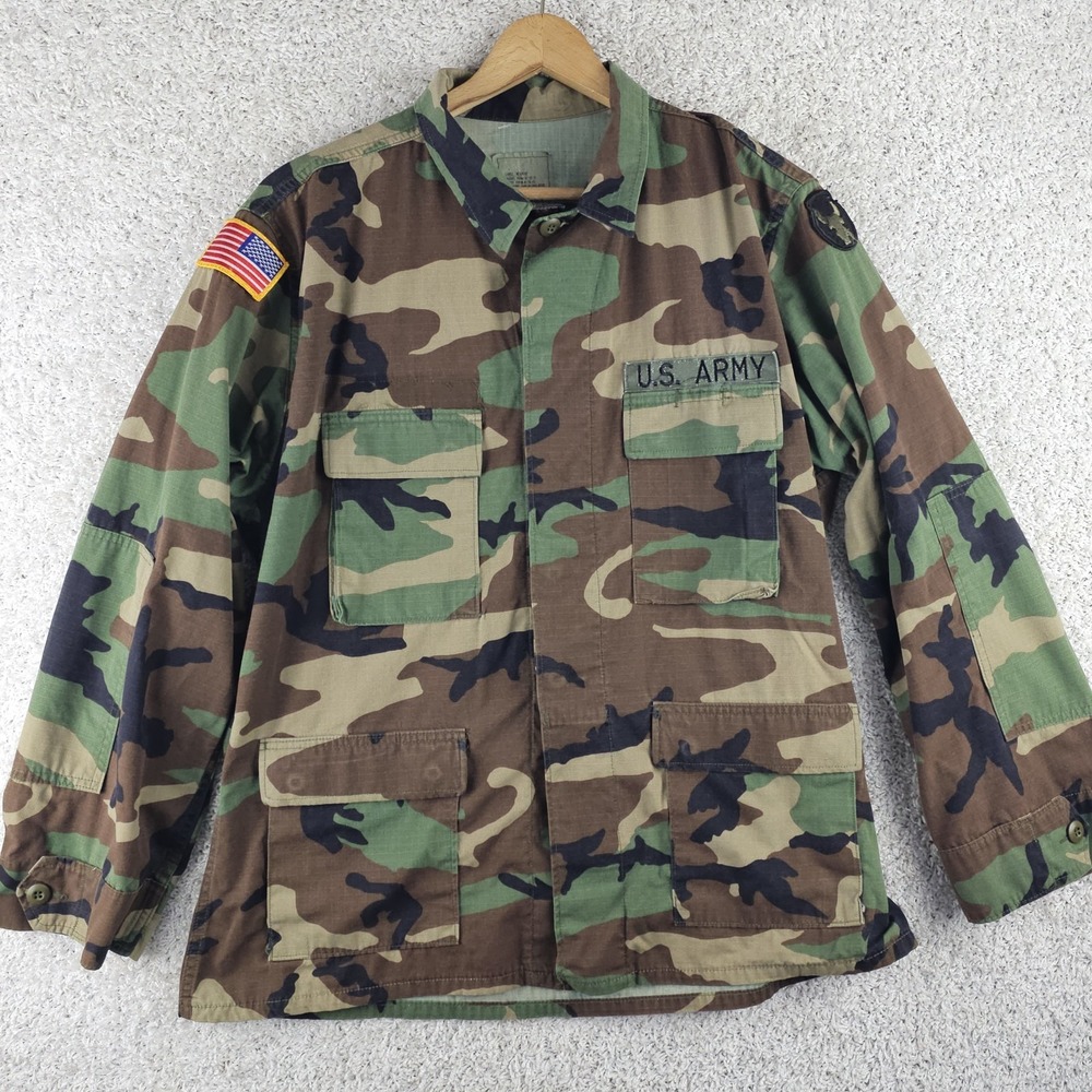 Vintage US Army Button Jacket Safari Shirt Hot Weather Woodland Camo Sz Large